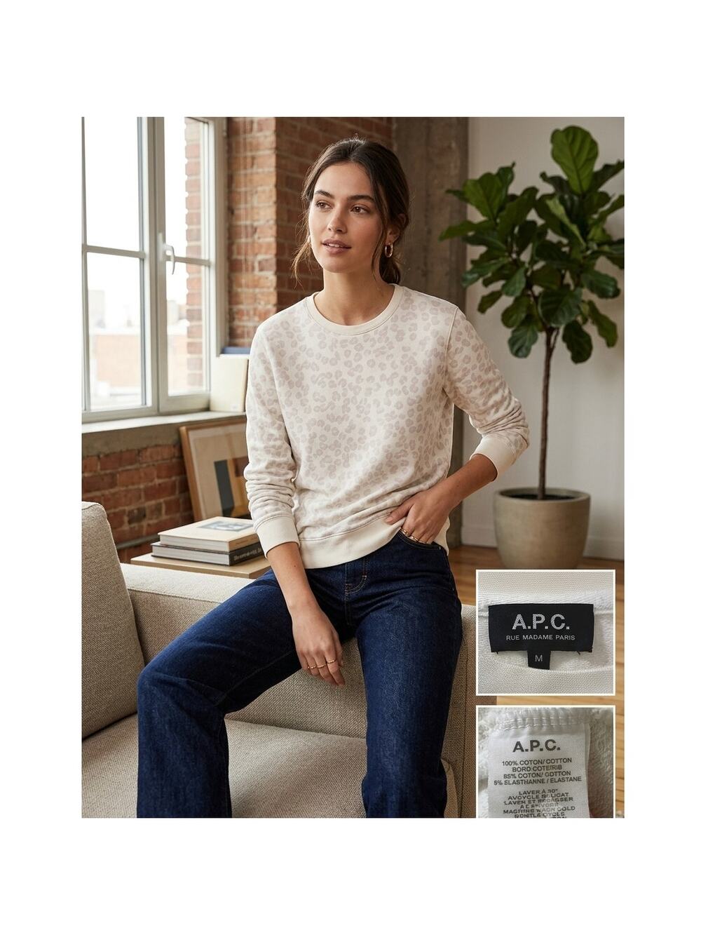 A.P.C. Rue Madame Paris | Tonal Leopard Print Crewneck Sweatshirt | Size M